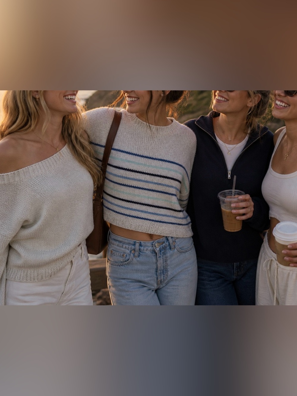 Hollister Cream Mixed Blue Striped Drop Shoulder Crew Cropped Sweater